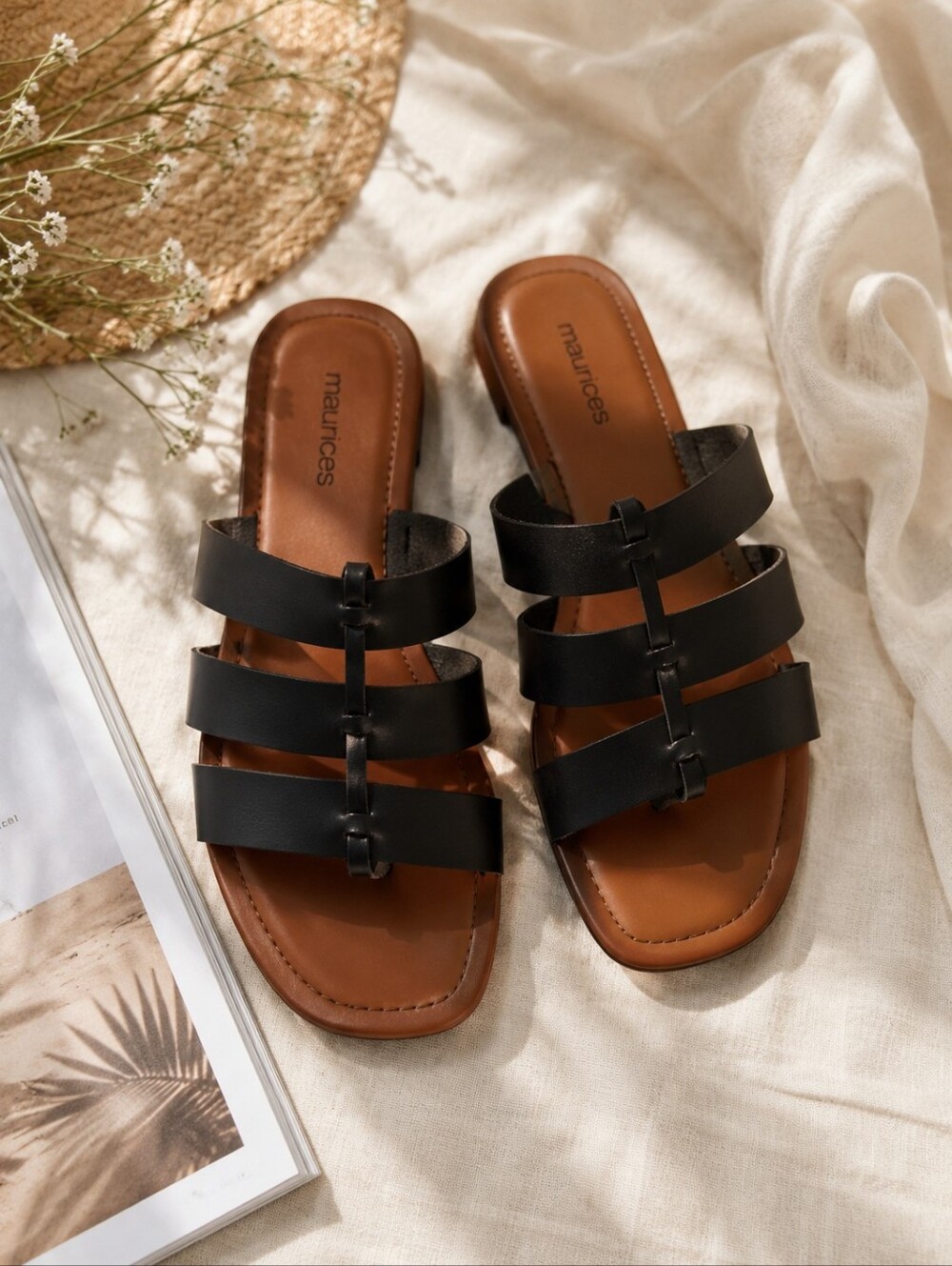 Maurices Black & Brown Strappy Slide Sandals Women's Size 9 Comfort Summer Flats